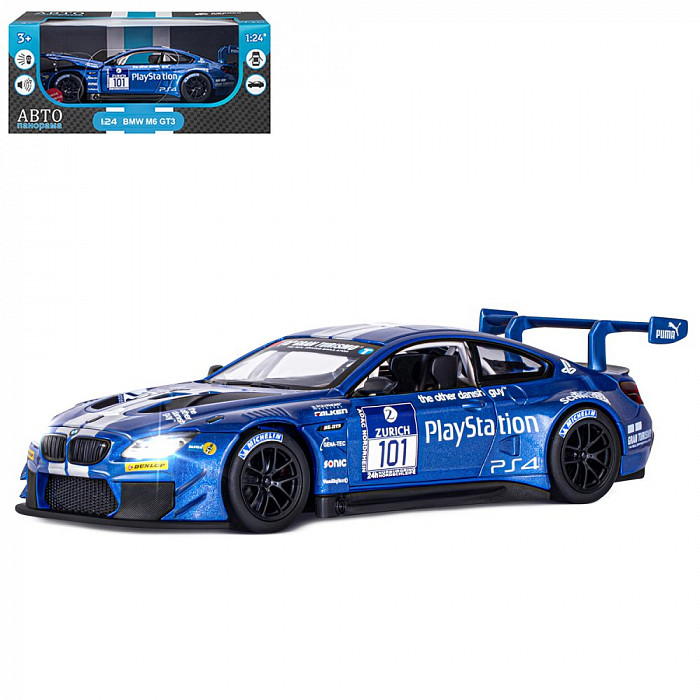 ТМ "Автопанорама" Машинка 1:24, BMW M6 GT3, синий, свет, звук, в/к 24,5 х 12,5 х 10,5 см JB1251195 