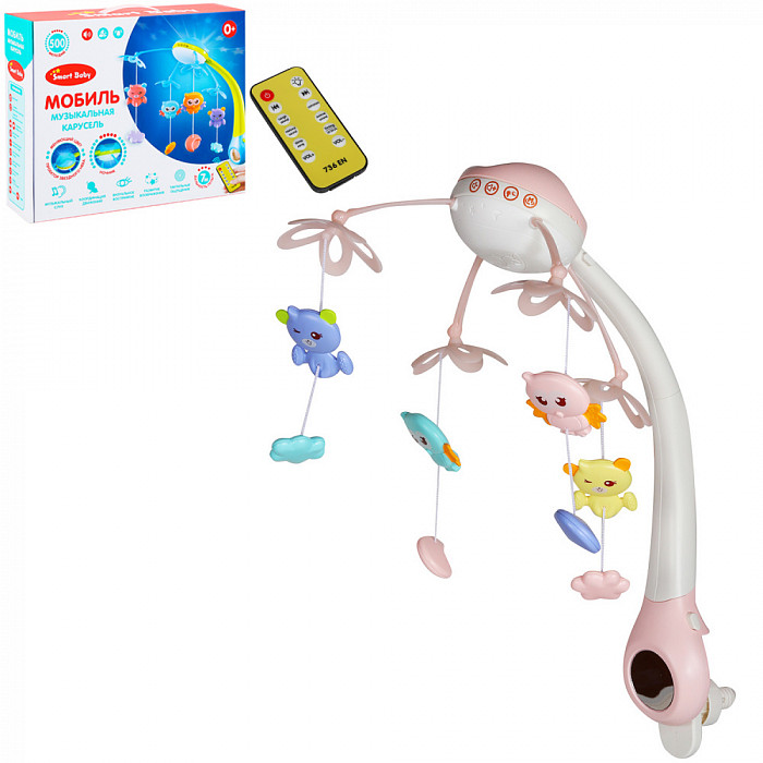 ТМ "Smart Baby" Мобиль" 500 мелодий, проектор, ночник, пульт, розовый в/к 37*28*10 см  JB0333928